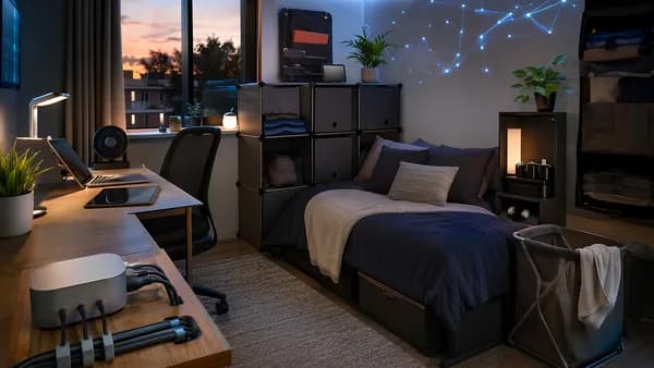 Organized tech-friendly dorm room with smart storage, gadgets, fan, laundry hamper, and tidy desk