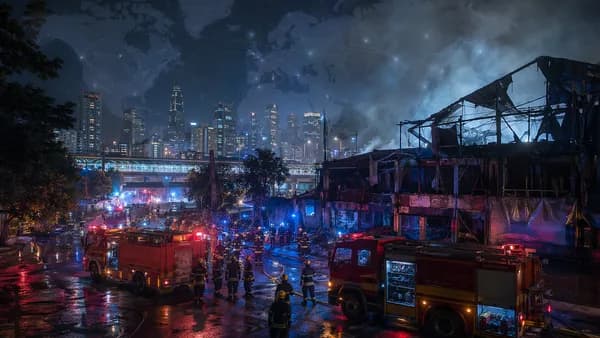 Emergency crews outside a smoky Bangkok nightlife venue with a subtle global map overlay.