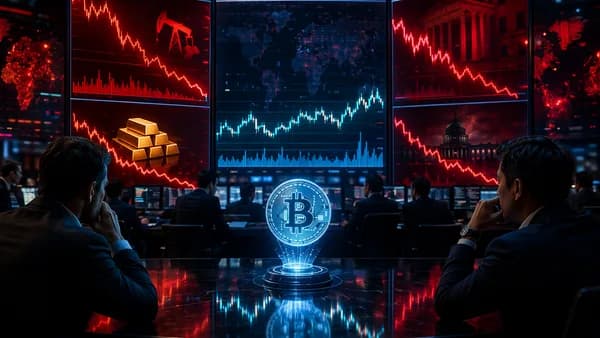 Bitcoin trading desk with steady crypto chart amid broader market selloff and geopolitical tension