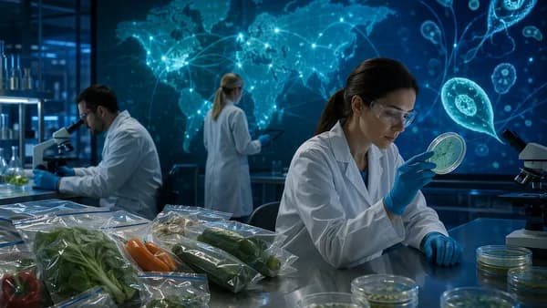 Public health lab investigating a parasite outbreak with produce samples and a global map backdrop.