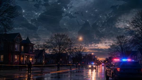 Somber police scene in a Midwestern neighborhood with global map overlay and connection lines.