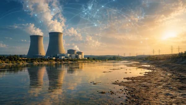 French nuclear plant by a warm river with global map and grid connections, symbolizing climate power risk.