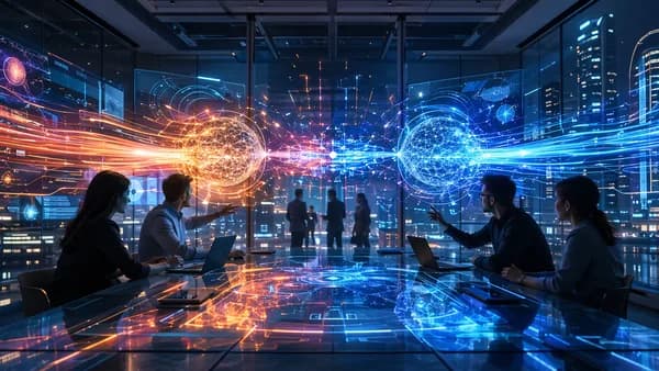 Futuristic workplace with competing AI neural cores, holographic workflows, screens, and data trails.