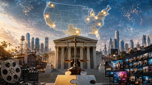 Courthouse and film studio imagery over maps, symbolizing states challenging a major media merger.