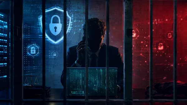 Ransomware negotiator silhouette behind prison bars amid locks, shields, and encrypted data streams.
