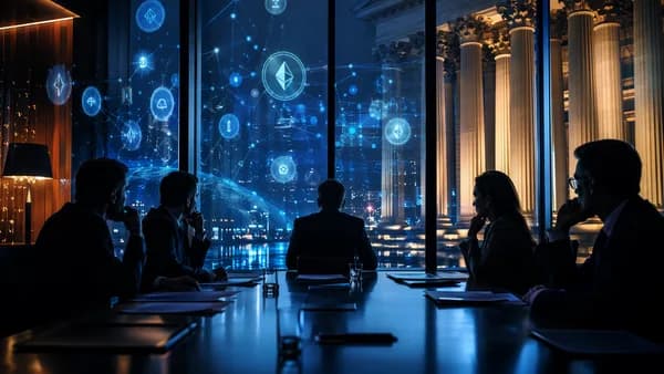 Fintech executives weigh a legal battle amid crypto tokens and courthouse reflections.