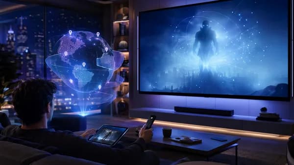 Futuristic streaming setup with globe hologram suggesting worldwide access to a sci-fi series.
