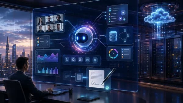 AI assistant connecting CRM data, charts, and document workflows in a modern SaaS dashboard