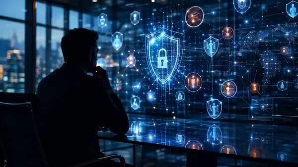Silhouetted cybersecurity leader analyzing risk signals with shields, locks, and code in a dark command room.