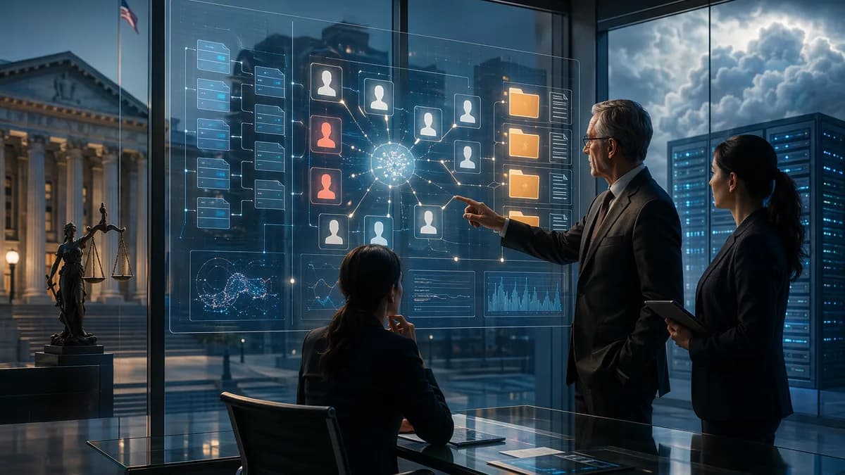 Bank compliance team examines abstract AI hiring risk dashboard with cloud infrastructure and legal discovery cues.