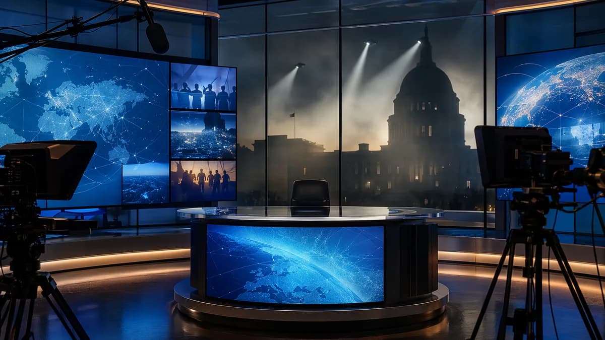 Newsroom under government scrutiny with world map screens symbolizing press freedom tensions